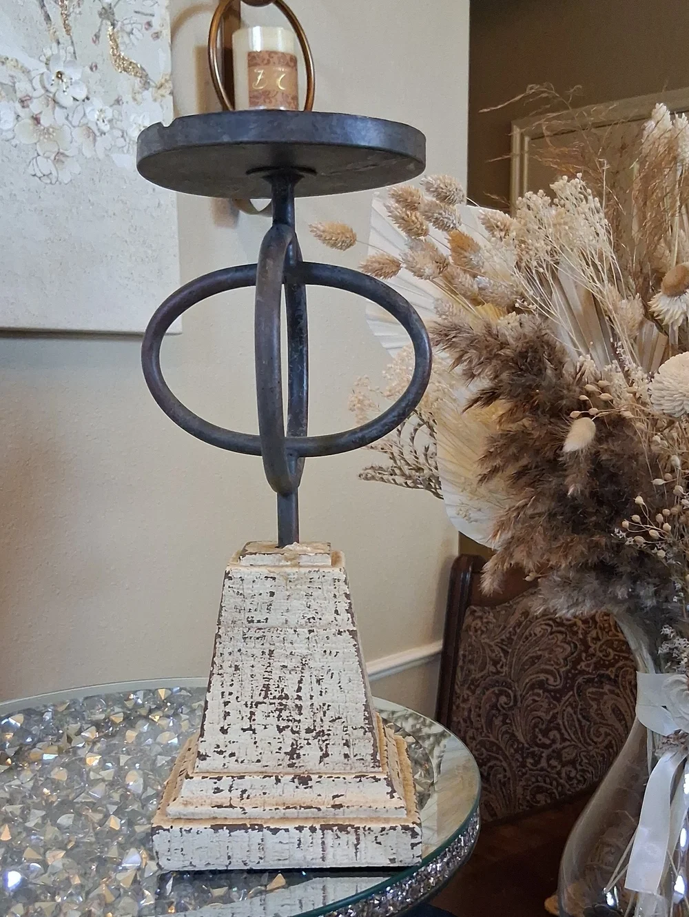 Decorative Distressed Cream and Metal Accent Candle Holder Pedestal
